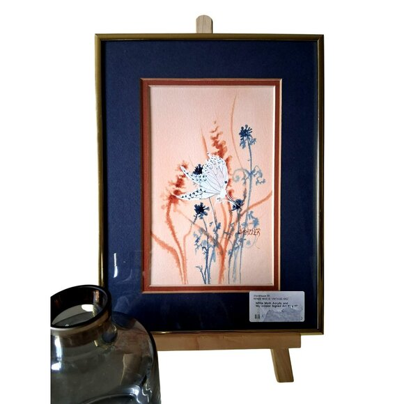 Vintage White Moth Acrylic & Ink Painting Artwork By Jan Metzler In Gold Frame - Picture 2 of 10